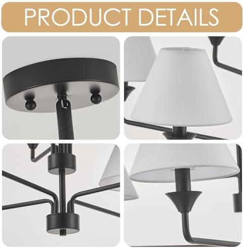 Modern Black Chandelier with Off-White Fabric Shades