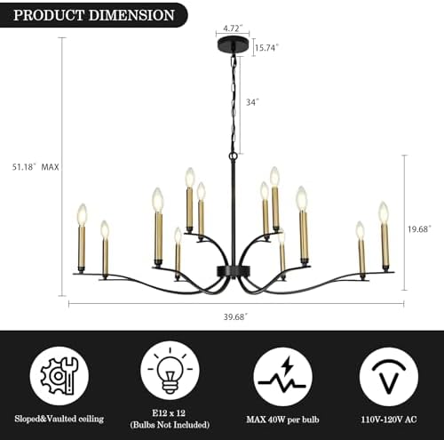 12 Light Black Chandelier with Gold Sockets