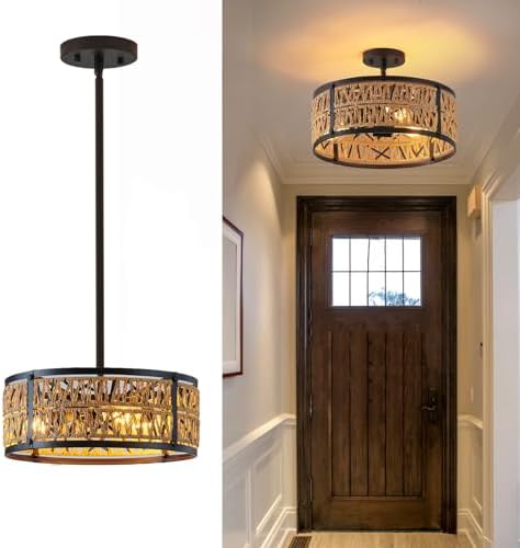 Boho Rattan Chandelier with 3 Lights and Metal Frame