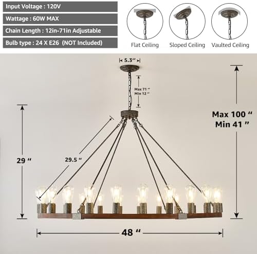 HHR 48 Inch Farmhouse Wagon Wheel Chandelier 24 Light
