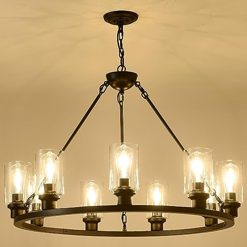 Black Wagon Wheel Chandelier 32 Inch 9 Light Modern Farmhouse Pendant Light