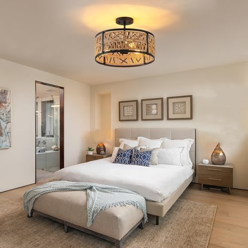Boho Rattan Chandelier with 3 Lights and Metal Frame