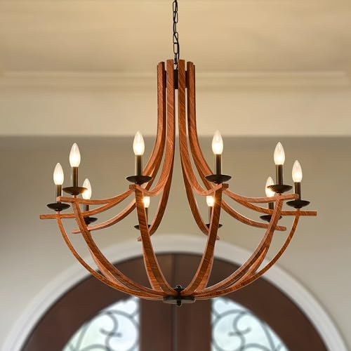 BAOURE 10 Light Rustic Chandelier Black Faux Wood Pendant Light