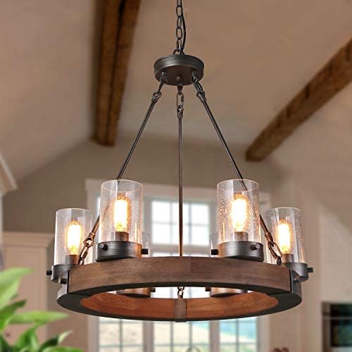 Farmhouse Wood Chandelier with Seeded Glass Shades
