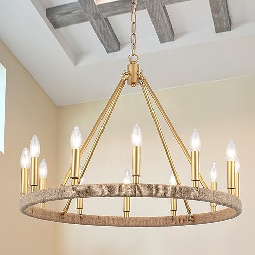 12-Lights Gold Wagon Wheel Chandelier 28 inch Farmhouse Style Ceiling Light
