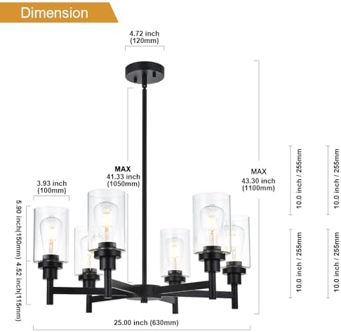 VINLUZ 6 Light Black Chandelier with Clear Glass