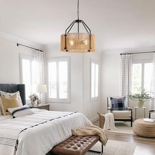 4-Light Rattan Chandelier with Wicker Shade