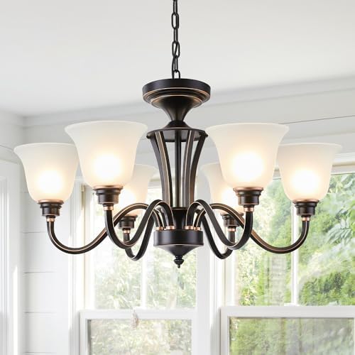 Farmhouse 6-Light Chandelier with Frosted Glass Adjustable Height Pendant Black