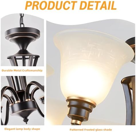 Farmhouse 6-Light Chandelier with Frosted Glass Adjustable Height Pendant Black