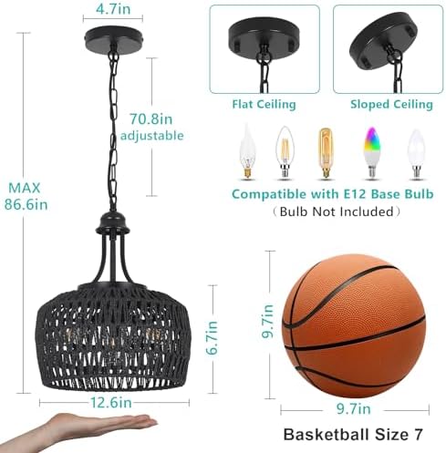 HMVPL Black Rattan Chandelier 3 Light Boho Style