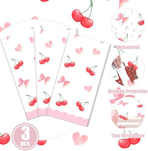 3Pcs Pink Bow Cherry Plastic Tablecloth 54x108 Inch Waterproof Party Cover