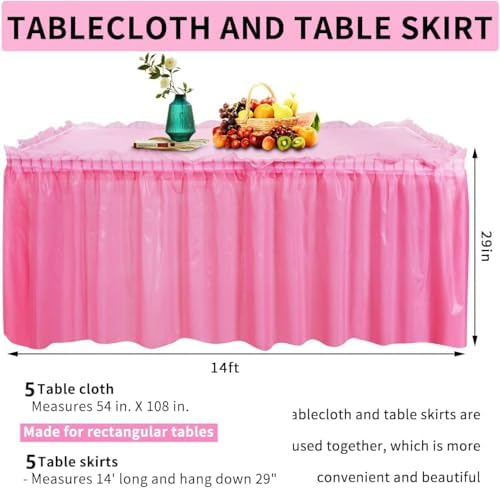 5 Pack Plastic Table Skirts and Cloths for Rectangle Tables Pink