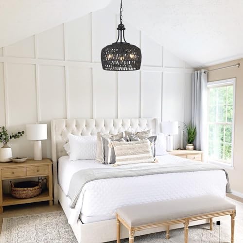 HMVPL Black Rattan Chandelier 3 Light Boho Style
