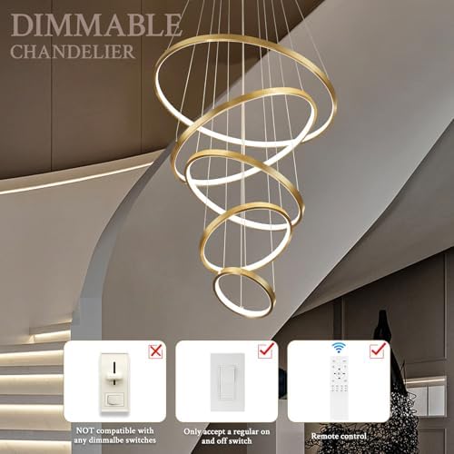 5 Ring Modern LED Chandelier Dimmable Gold for High Ceiling
