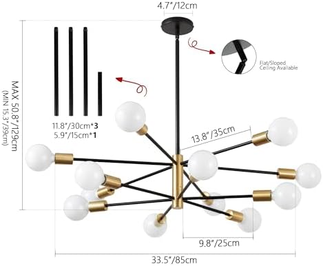KAISITE 12 Light Adjustable Sputnik Chandelier Black Gold