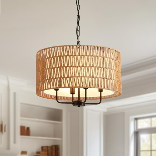 4-Light Rattan Farmhouse Chandelier for Dining Room