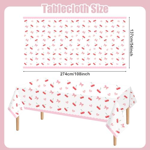 3Pcs Pink Bow Cherry Plastic Tablecloth 54x108 Inch Waterproof Party Cover