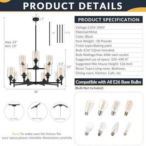 Black Chandelier for Living Room with 12 Lights