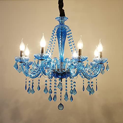 Classic Crystal Chandelier with 8 Blue Lights Adjustable for Dining Room