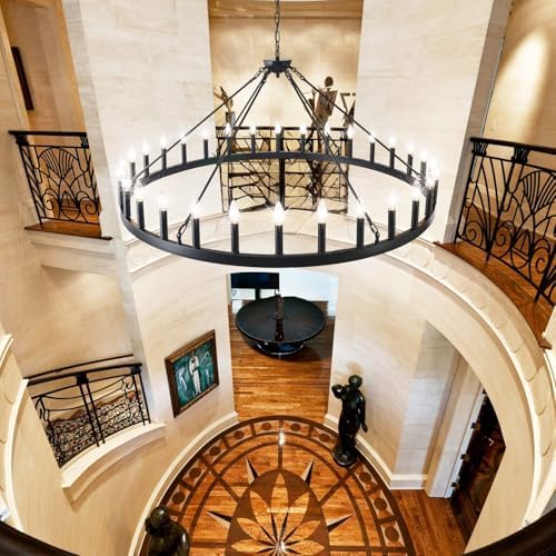 53 Inch Black Wagon Wheel Chandelier with 30 Rustic Candle Lights