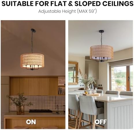 4-Light Rattan Farmhouse Chandelier for Dining Room
