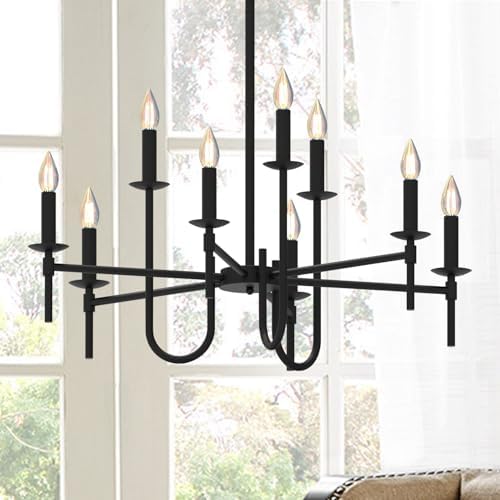Farmhouse Black Chandelier with 9 LED Lights