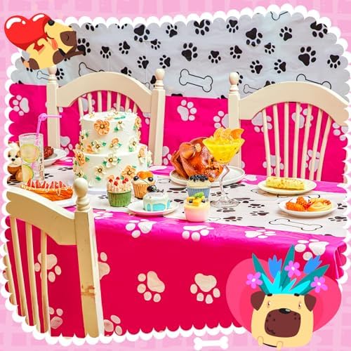 Newwiee 3 Pcs Dog Paw Print Tablecloth for Pet Parties