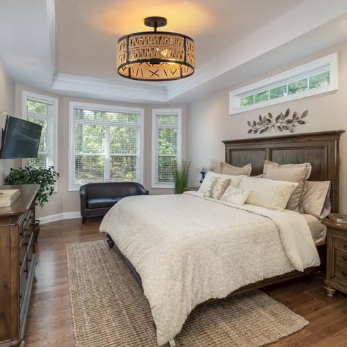 Boho Rattan Chandelier with 3 Lights and Metal Frame