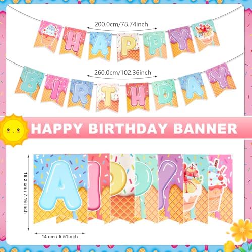 PHOGARY Ice Cream Tablecloth with Birthday Banner