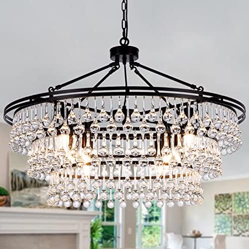 Wellmet 32 Inch Round Crystal Chandelier for Dining Room and Living Room
