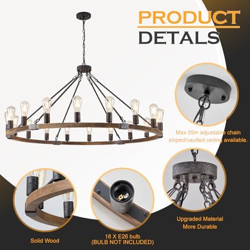 Benkut 47 Inch Black Wagon Wheel Chandelier 18 Light