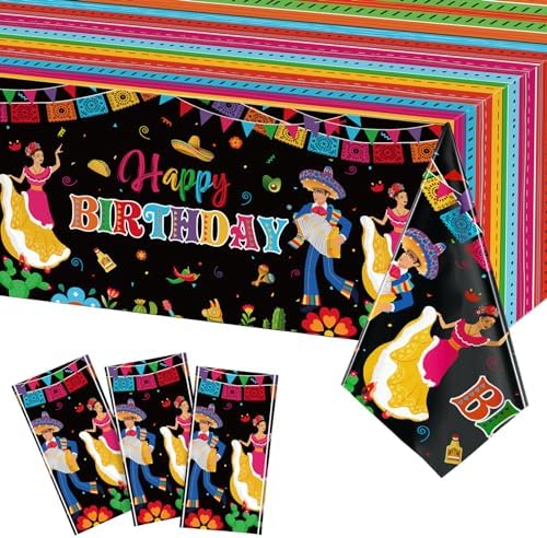 WovWeave 3 Pcs Mexican Fiesta Tablecloths Happy Birthday Decor