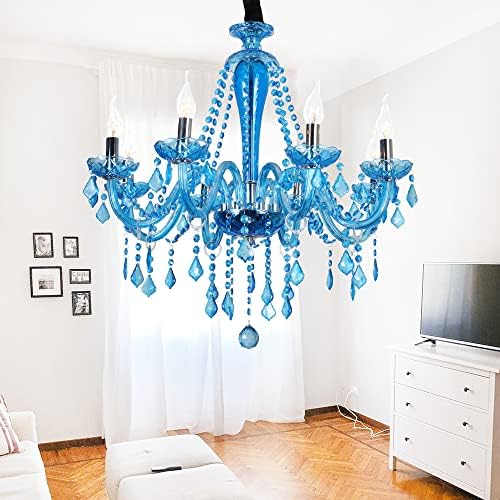 Classic Crystal Chandelier with 8 Blue Lights Adjustable for Dining Room