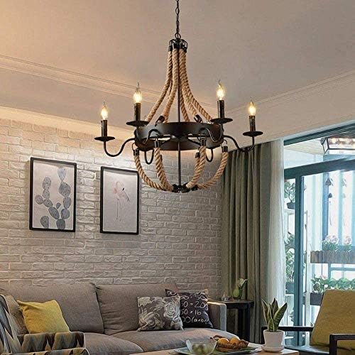 6-Flame Industrial Hemp Rope Chandelier with Iron Frame
