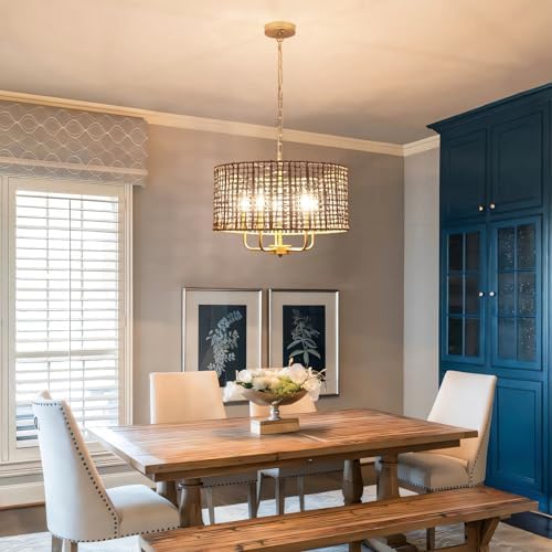 5 Light Rattan Chandelier with Gold Finish