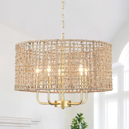 5 Light Rattan Chandelier with Gold Finish
