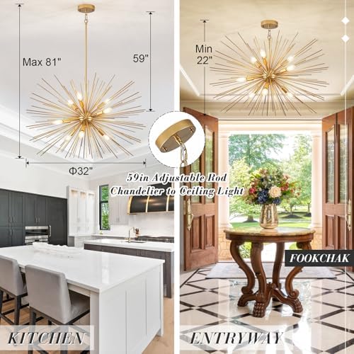 32in Gold Sputnik Chandelier 9-Light Modern Fixture