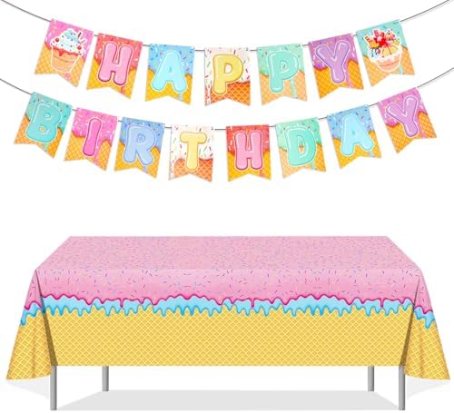 PHOGARY Ice Cream Tablecloth with Birthday Banner