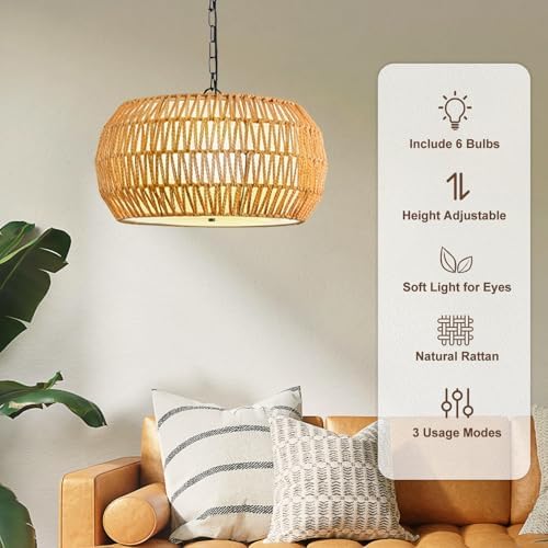 Rattan Farmhouse 5-Light Chandelier for Dining Room