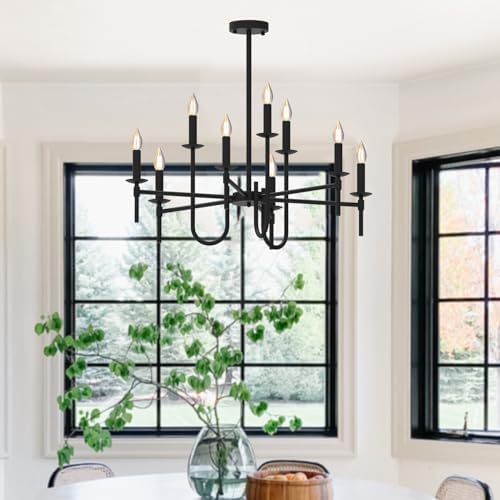 Farmhouse Black Chandelier with 9 LED Lights