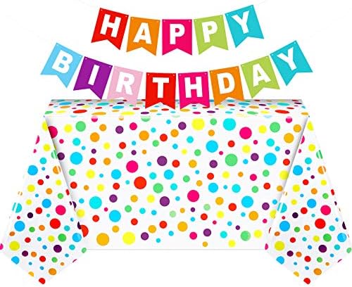 Tatuo 2 Pcs Rainbow Polka Dot Tablecloth with Birthday Banner
