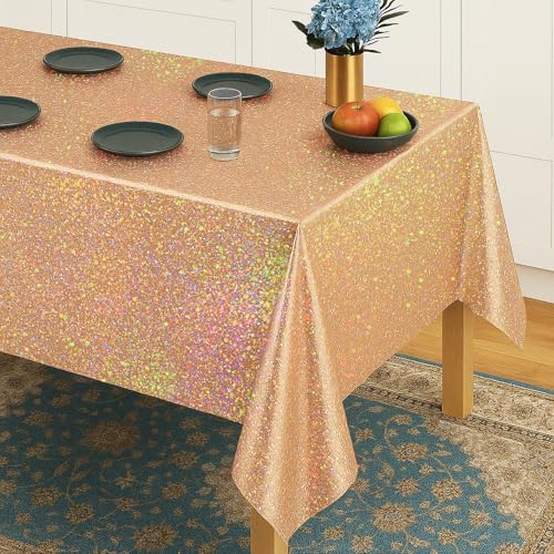 3-Pack 54x108 Inch Rainbow Foil Tablecloths with Rose Gold Holographic Finish