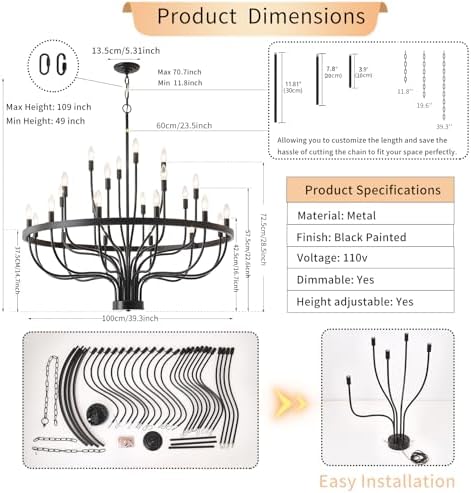 BAOURE 24 Light Black Chandelier 39 Inch Round