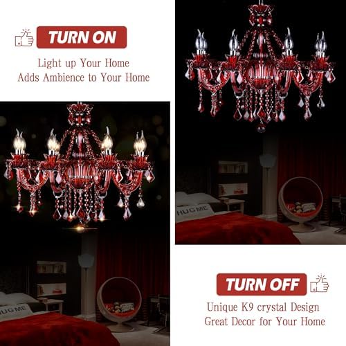 Red 8 Light K9 Crystal Chandelier E12 Base