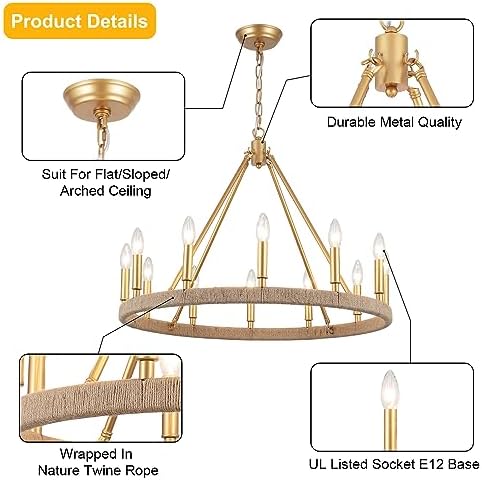 12-Lights Gold Wagon Wheel Chandelier 28 inch Farmhouse Style Ceiling Light