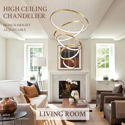 5 Ring Modern LED Chandelier Dimmable Gold for High Ceiling