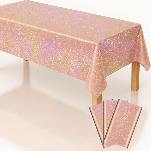 3-Pack 54x108 Inch Rainbow Foil Tablecloths with Rose Gold Holographic Finish