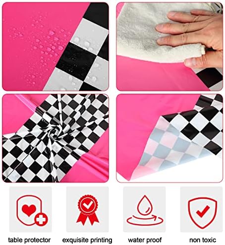 Oudain Cars Birthday Tablecloths - 3pcs Pink Checkered Round Cloth
