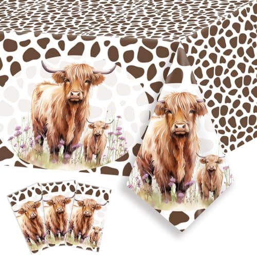 3Pcs Highland Cow Print Tablecloth for Birthday Party