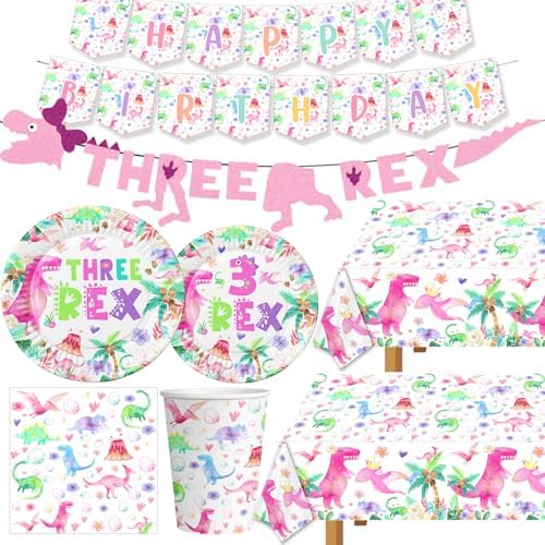 Watercolor Dinosaur Birthday Tablecloth Pink